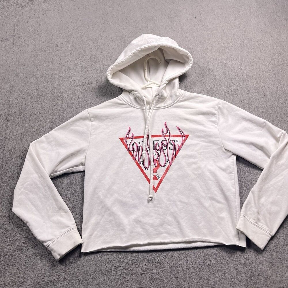GUESS Cropped Hoodie Womens XS White Pink Flame Logo Y2K Streetwear Raw Hem